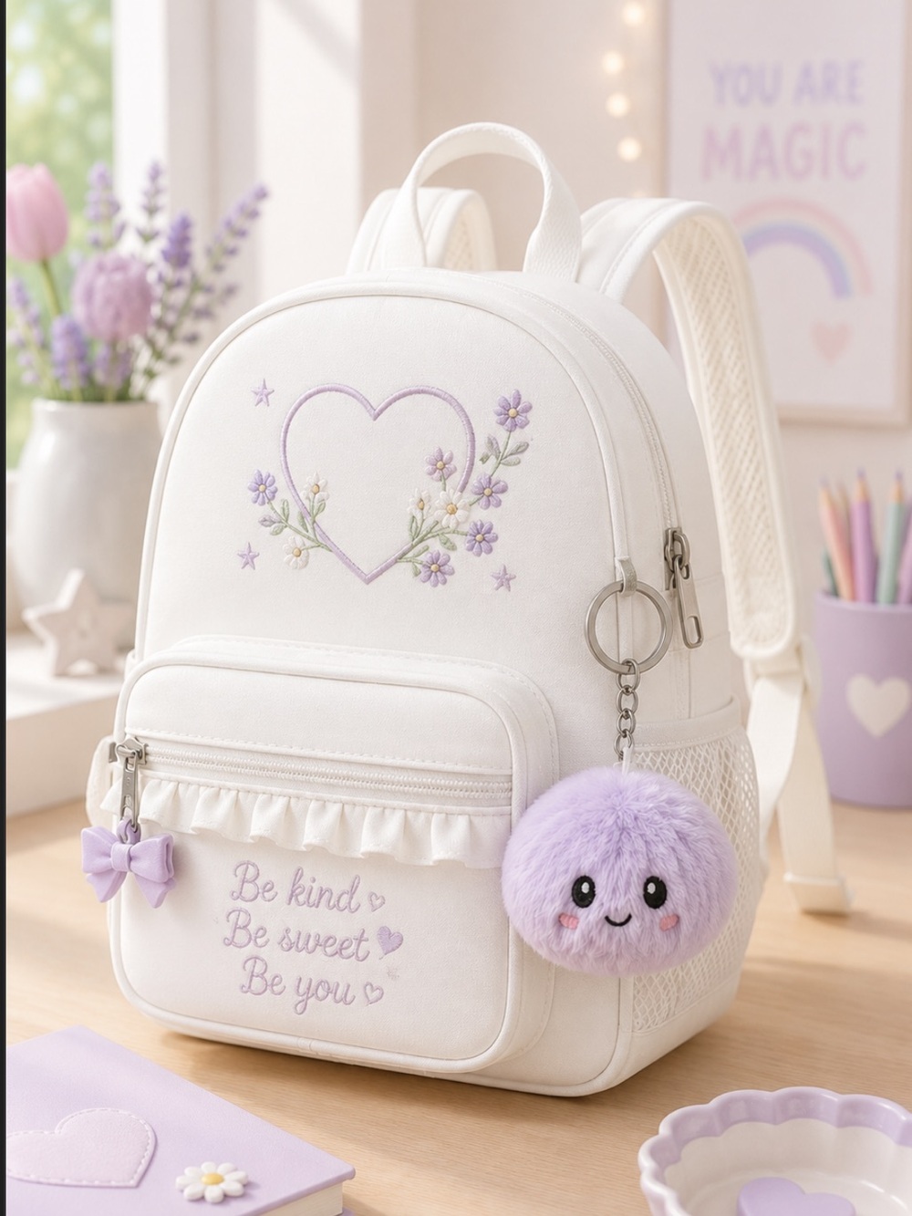 NWT Girls Plush Lavender Dumpling Bag Charm Keychain Embroidered Face Gift Viral